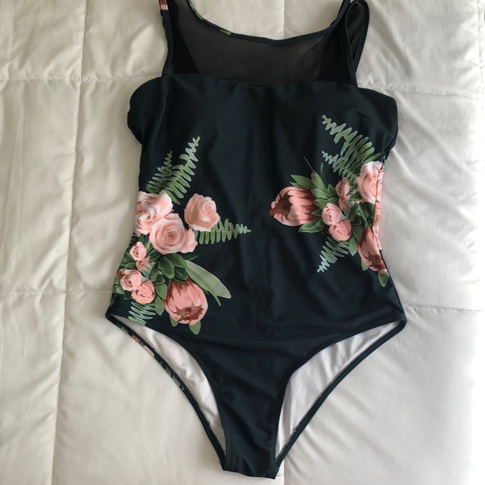 Elegant Floral One Piece Swimsuit - Dark Green and Pink Roses